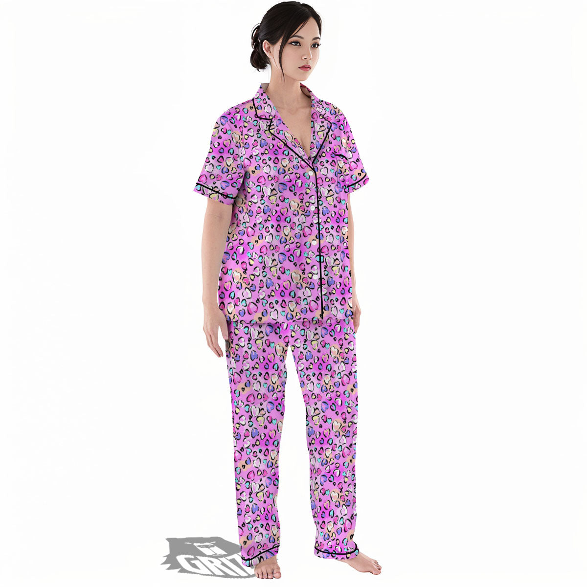Purple Leopard Heart Colorful Print Pattern Women's Pajamas Set-grizzshop