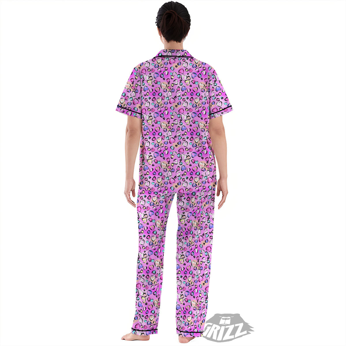 Purple Leopard Heart Colorful Print Pattern Women's Pajamas Set-grizzshop