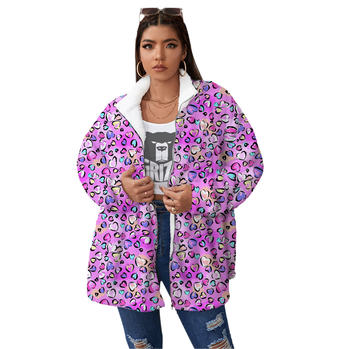 Purple Leopard Heart Colorful Print Pattern Women's Sherpa Jacket-grizzshop