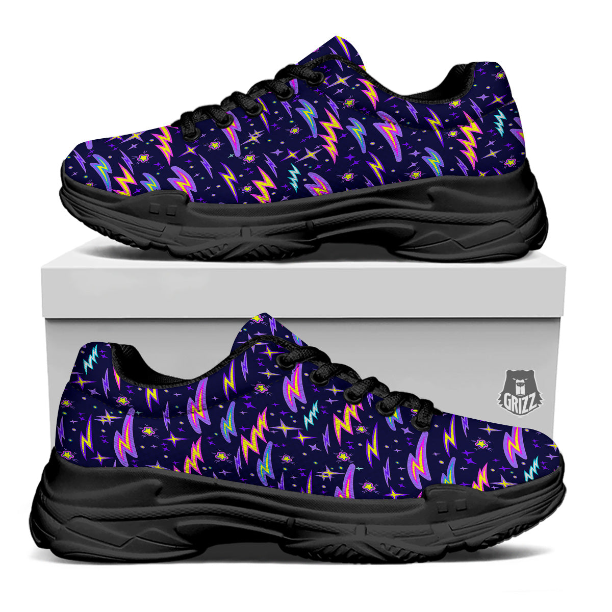 Purple Lightning Flashes Print Pattern Black Chunky Shoes-grizzshop