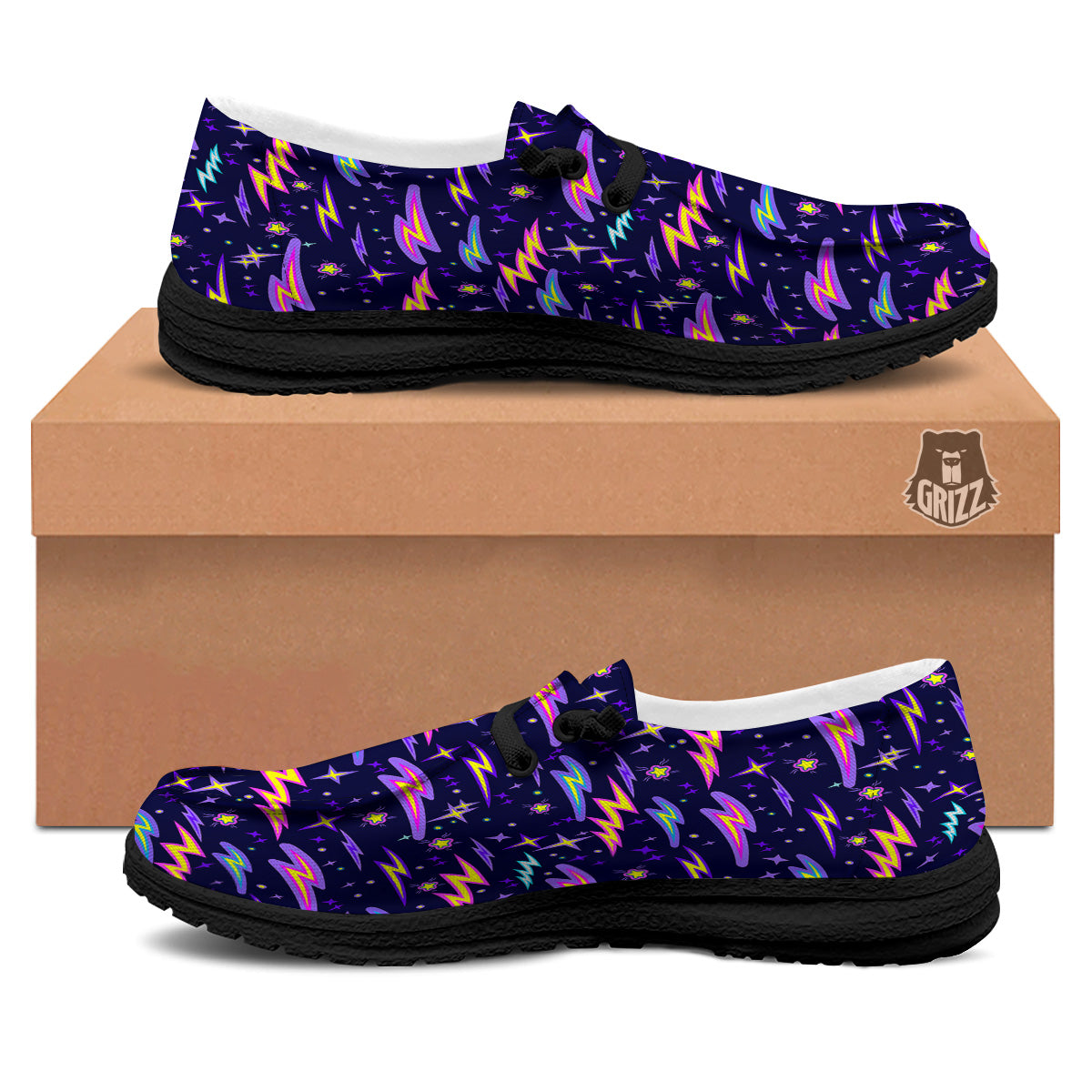 Purple Lightning Flashes Print Pattern Black Loafers-grizzshop