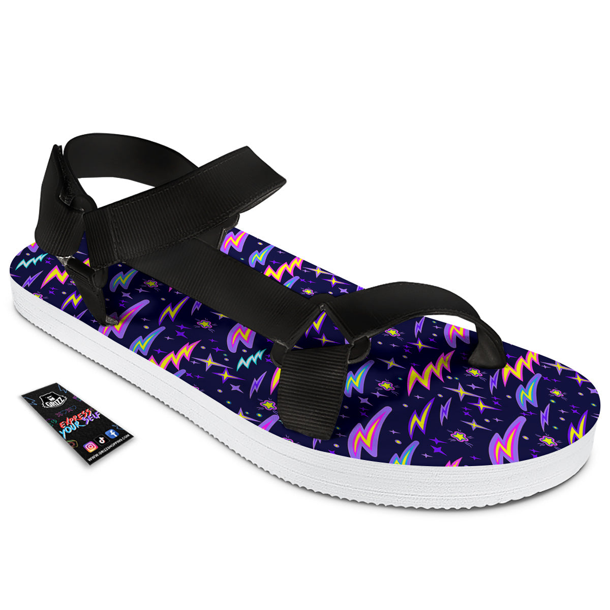Purple Lightning Flashes Print Pattern Black Open Toe Sandals-grizzshop