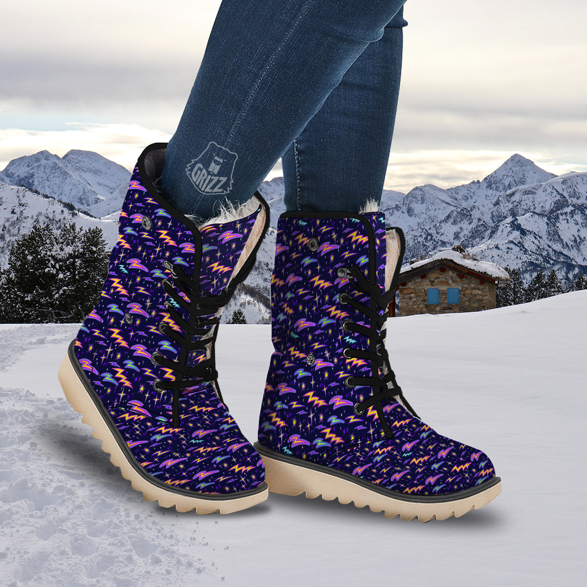 Purple Lightning Flashes Print Pattern Snow Boots-grizzshop