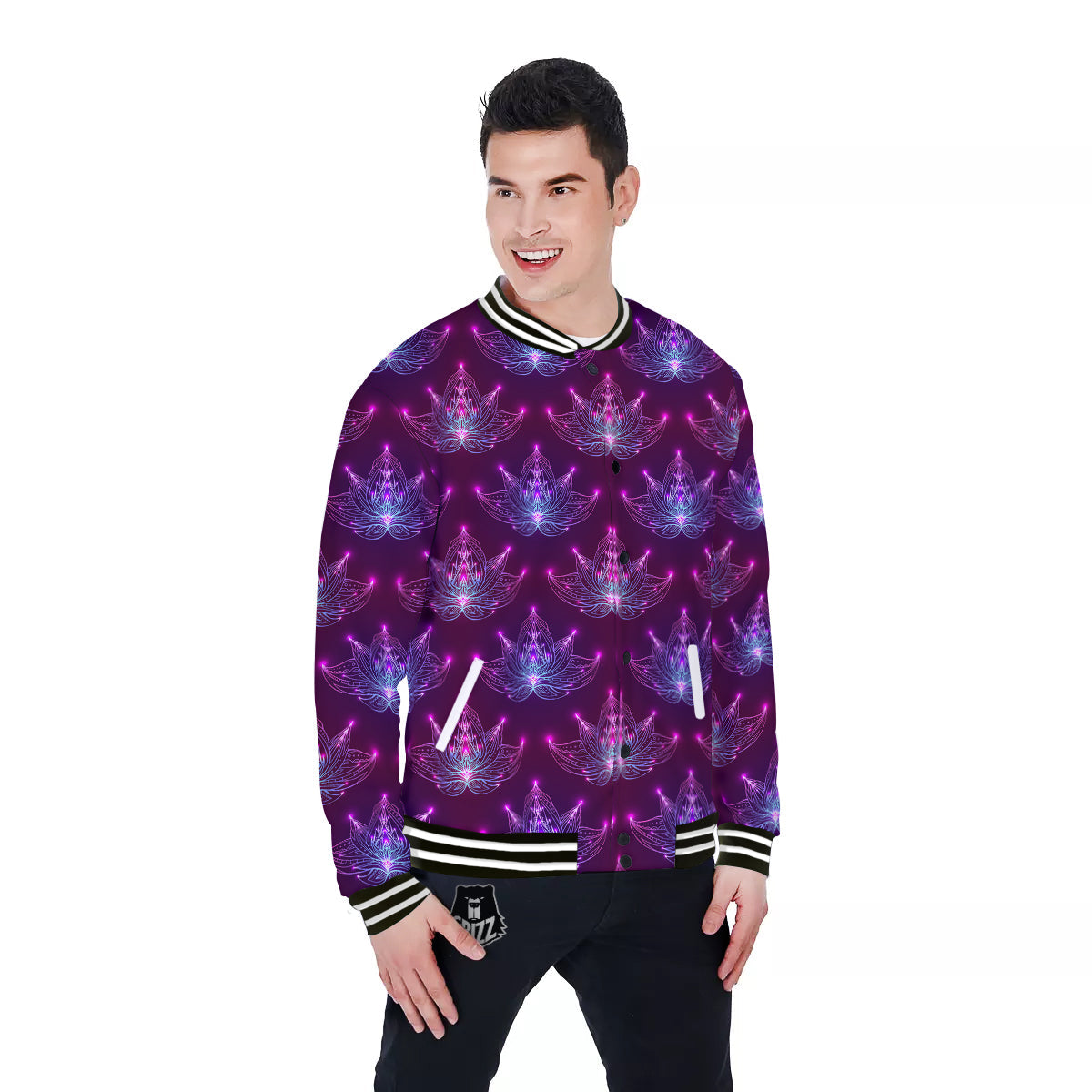 Purple Lotus Boho Print Pattern Baseball Jacket-grizzshop