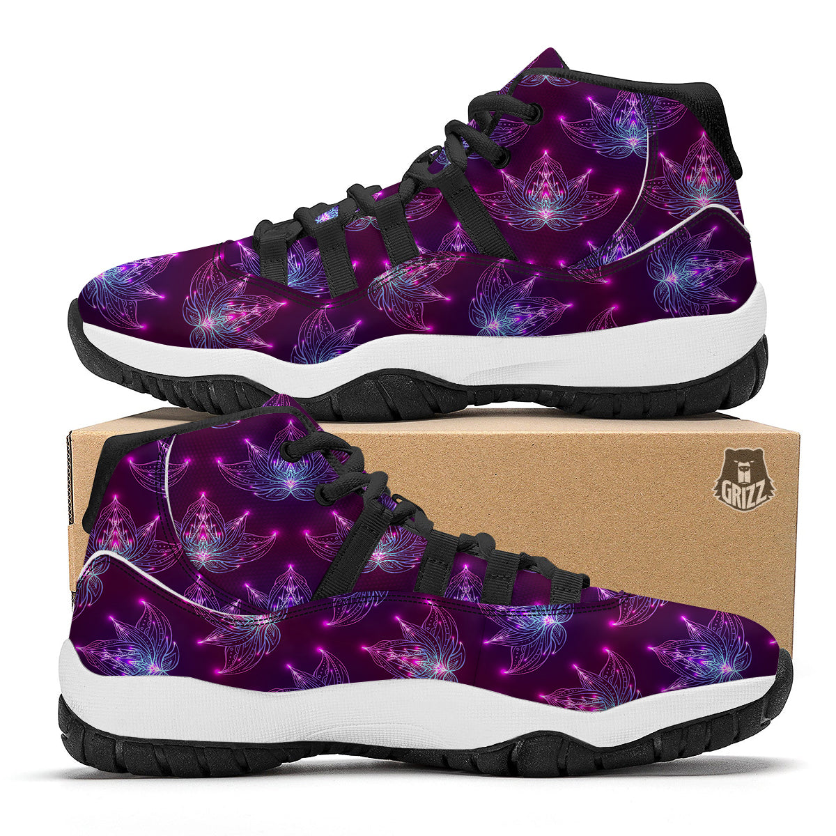 Purple Lotus Boho Print Pattern Black Bball Shoes-grizzshop