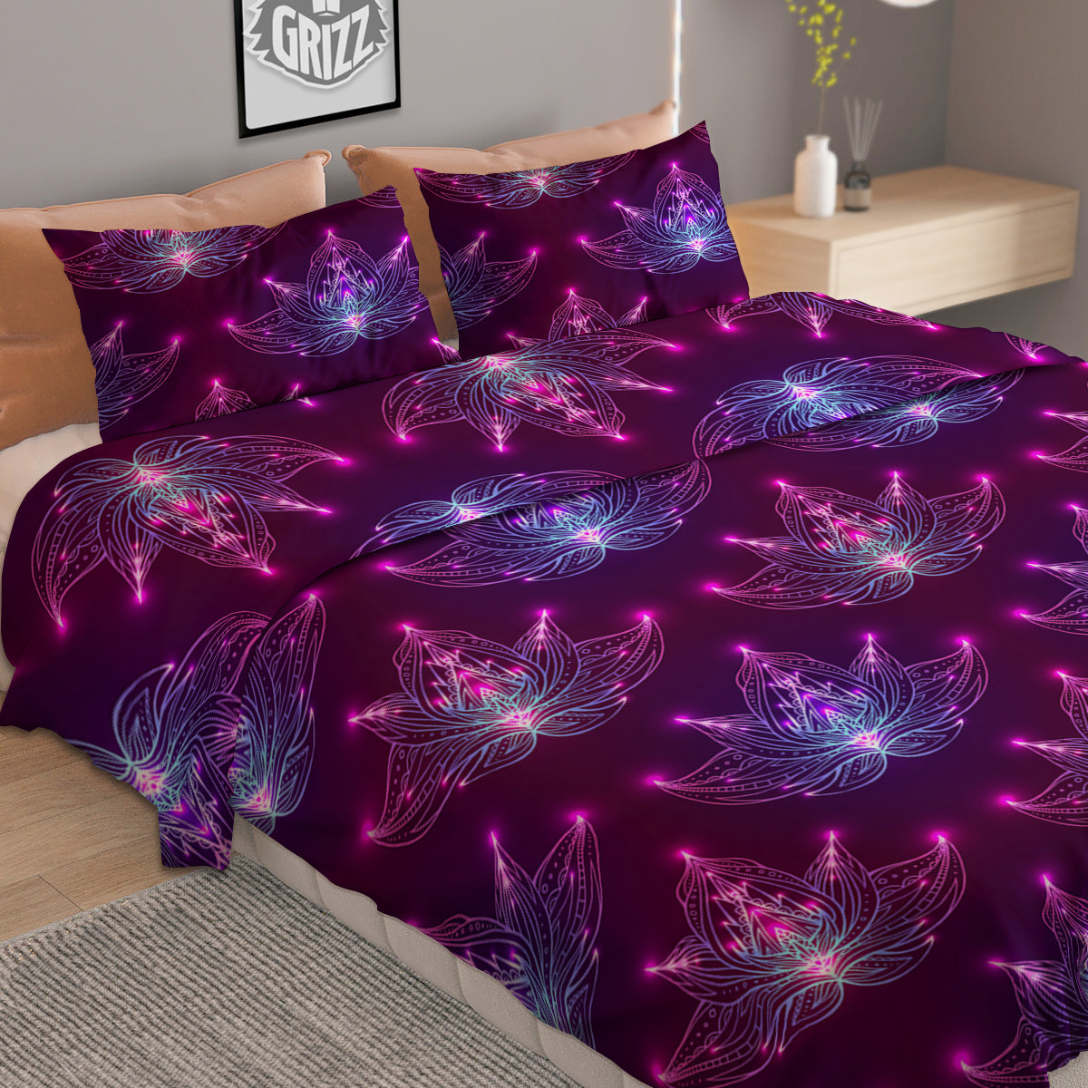 Purple Lotus Boho Print Pattern Duvet Cover Bedding Set