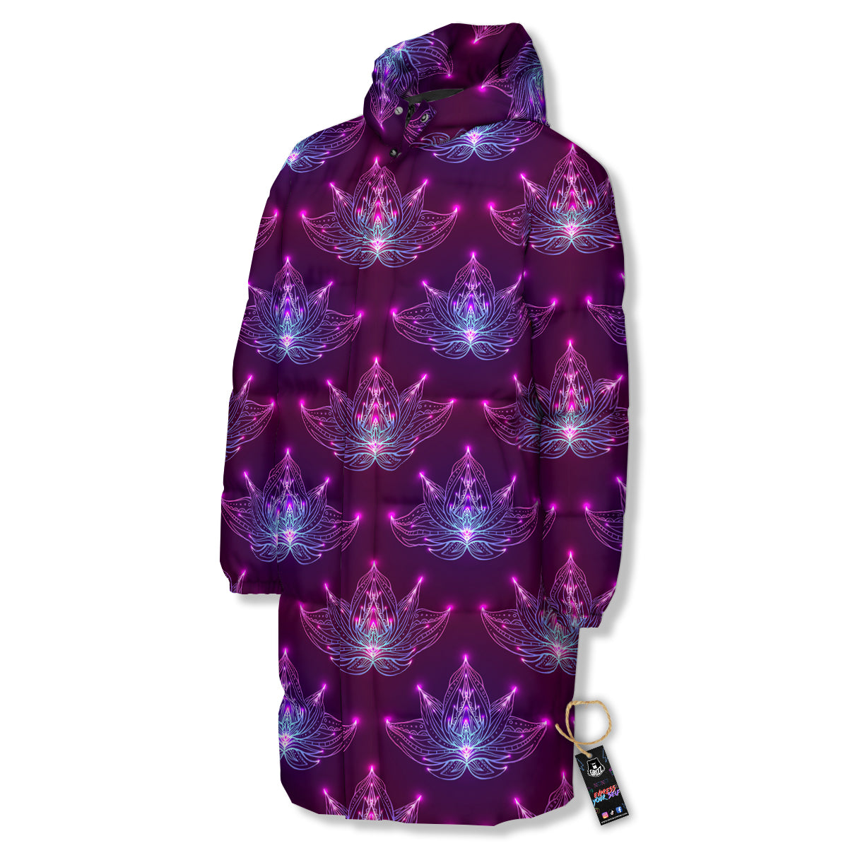 Purple Lotus Boho Print Pattern Long Down Jacket-grizzshop