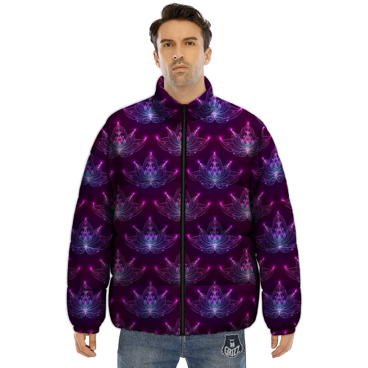 Purple Lotus Boho Print Pattern Puffer Jacket-grizzshop