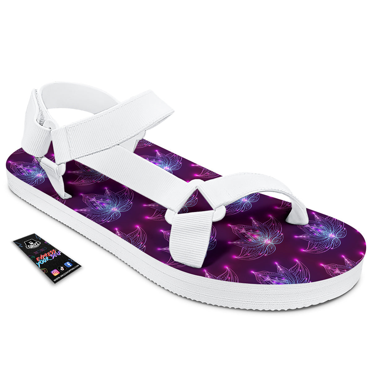 Purple Lotus Boho Print Pattern White Open Toe Sandals-grizzshop