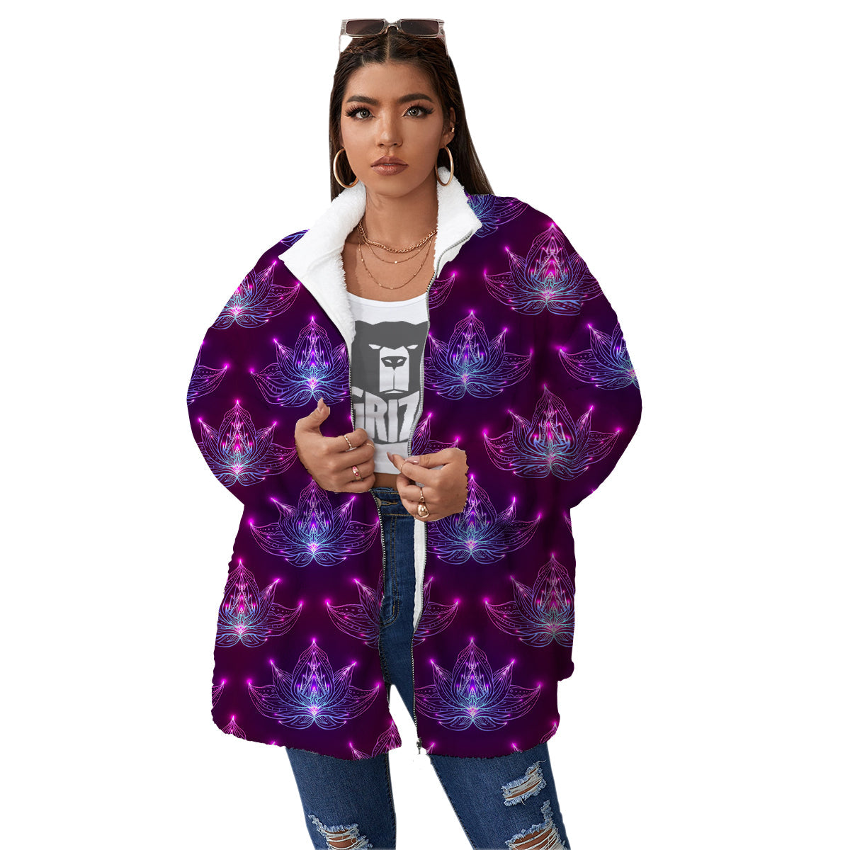 Purple Lotus Boho Print Pattern Women's Sherpa Jacket-grizzshop