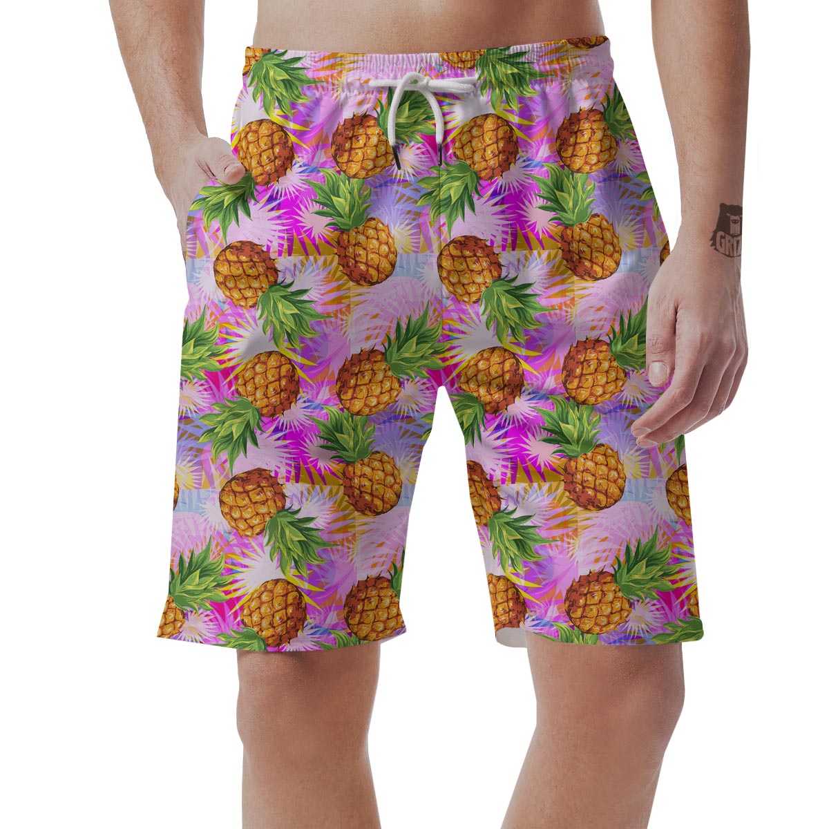 Purple Neon Pineapple Hawaiian Print Men's Shorts-grizzshop