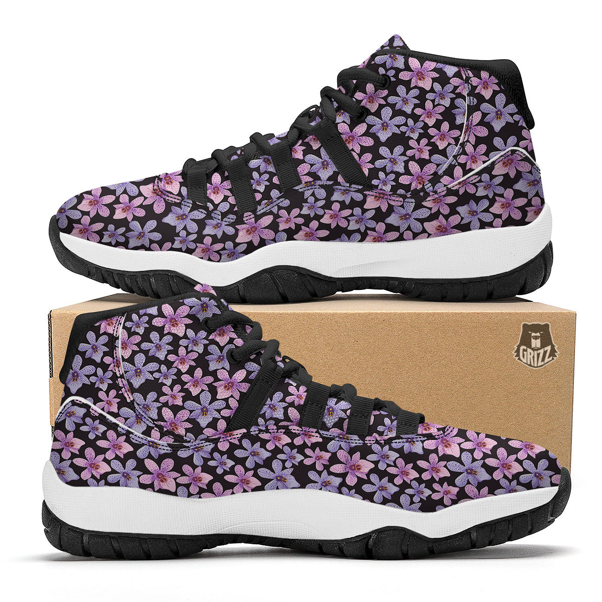 Purple Orchid Print Pattern Black Bball Shoes-grizzshop