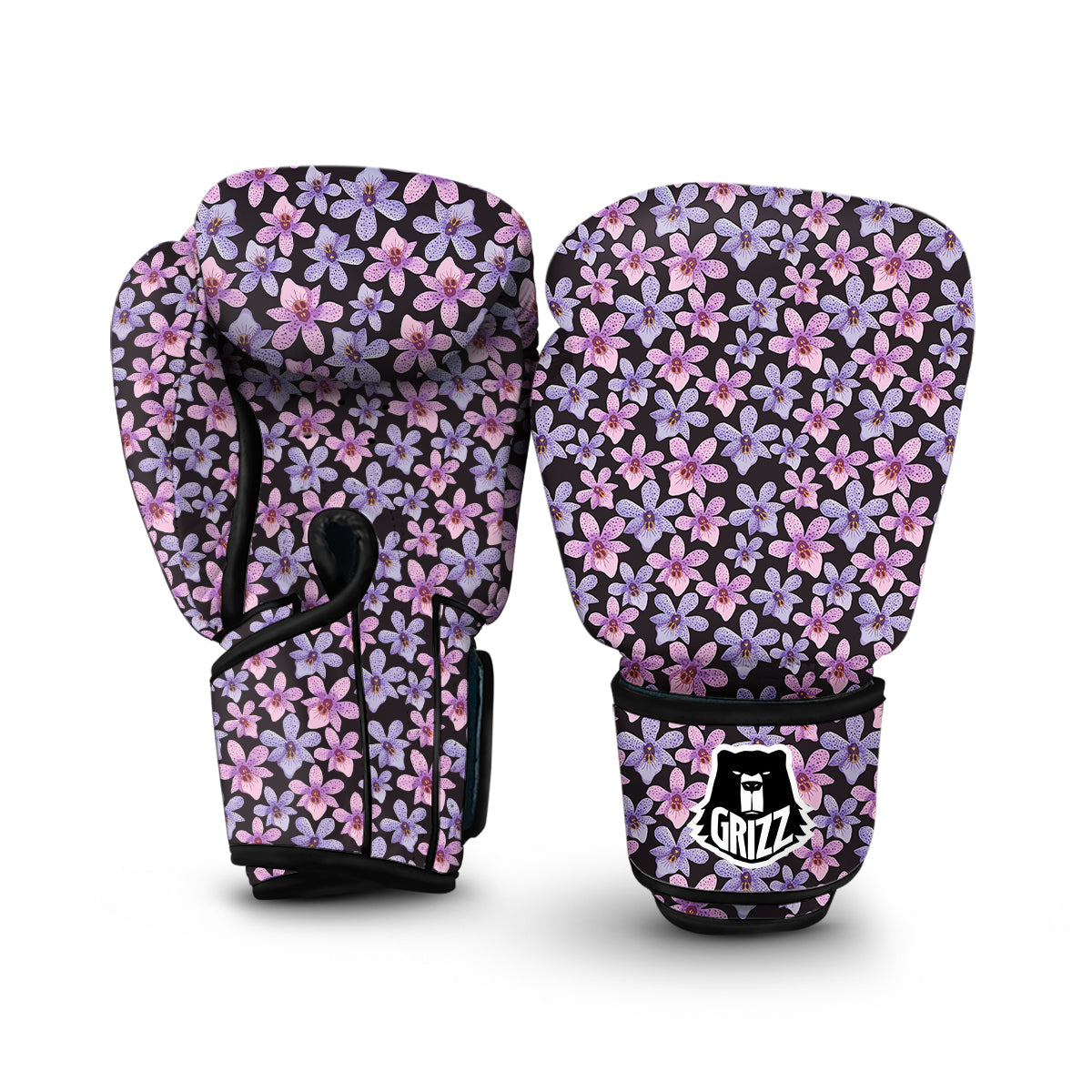 Purple Orchid Print Pattern Boxing Gloves-grizzshop