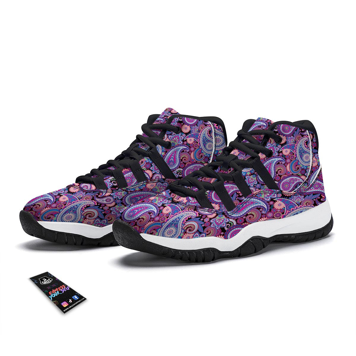 Purple Paisley Pattern Print Black Bball Shoes-grizzshop
