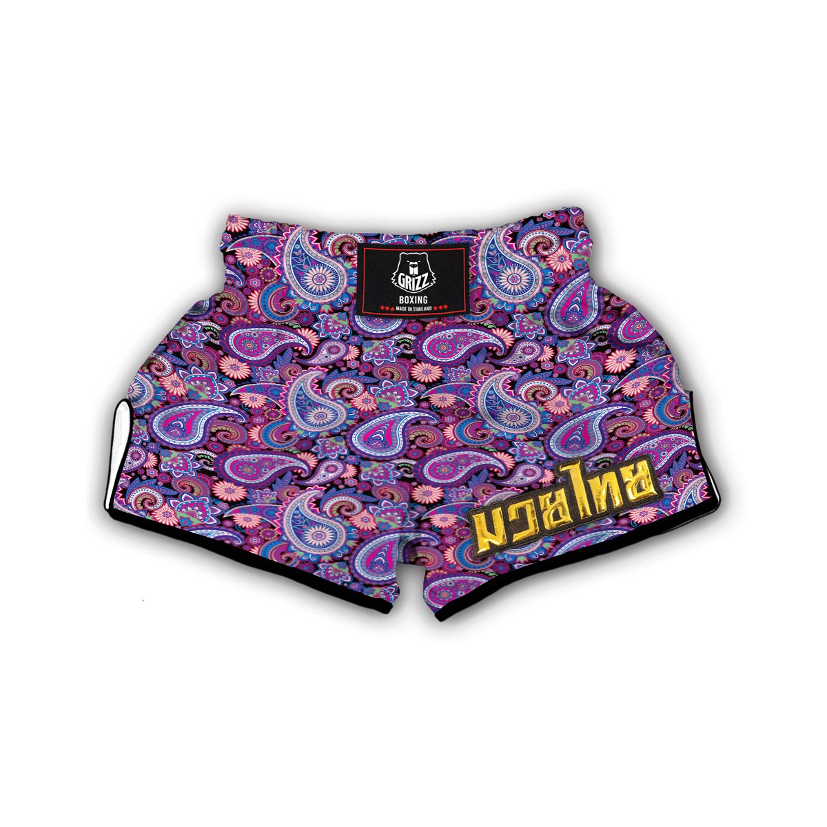 Purple Paisley Pattern Print Muay Thai Boxing Shorts-grizzshop