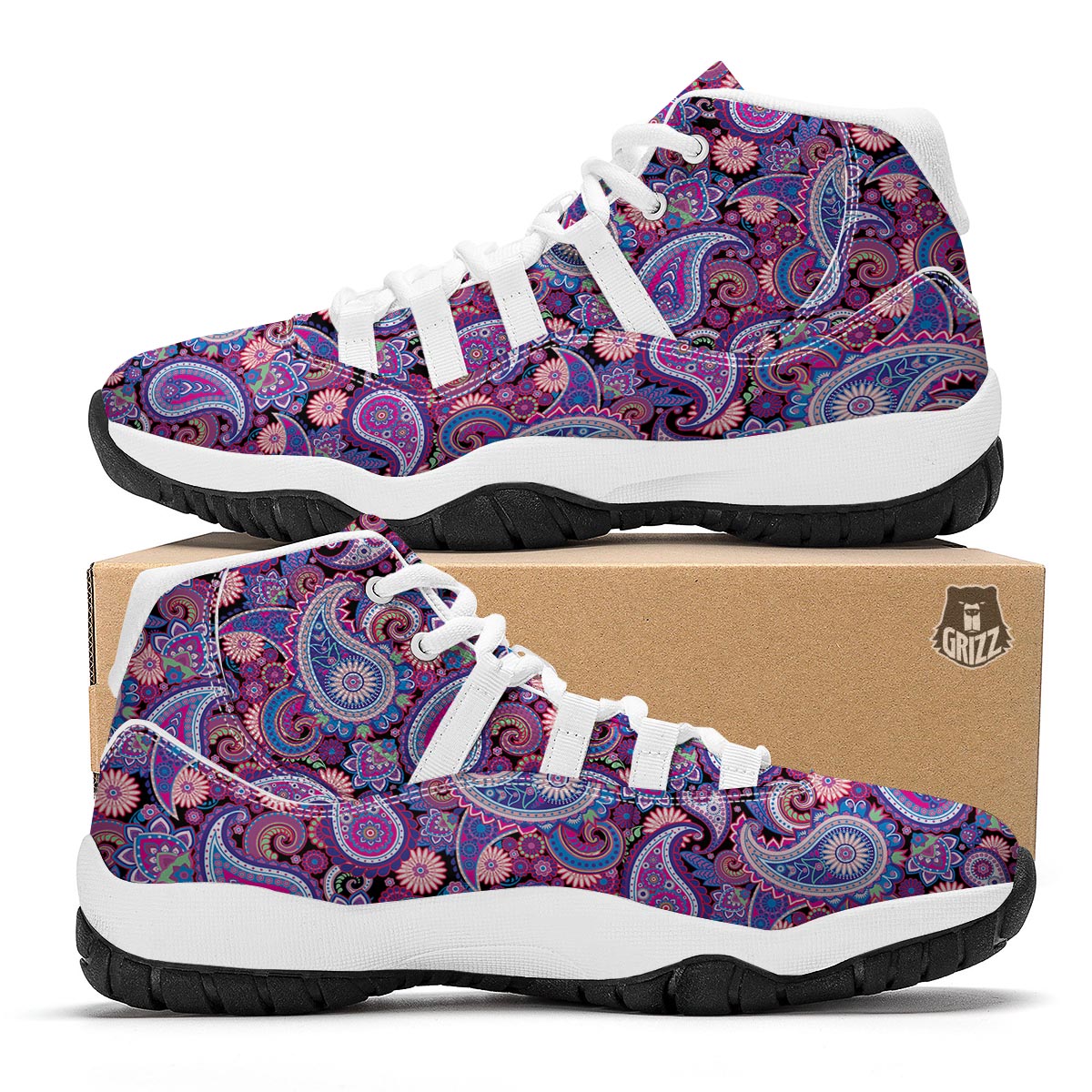 Purple Paisley Pattern Print White Bball Shoes-grizzshop