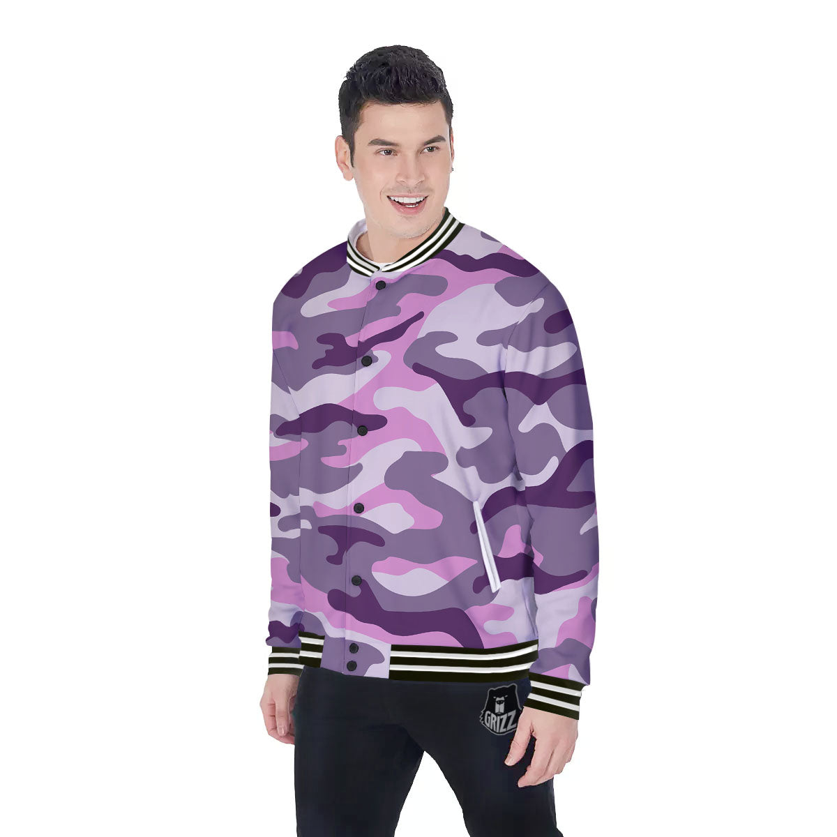 Purple Pink And Grey Camouflage Print Baseball Jacket-grizzshop