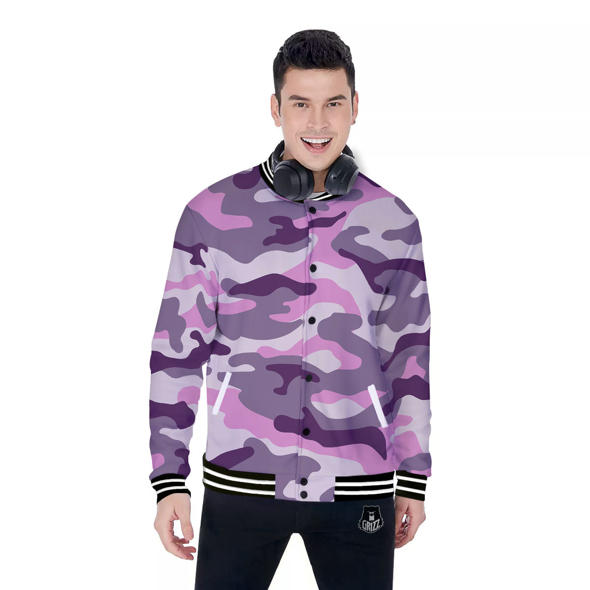 Purple Pink And Grey Camouflage Print Baseball Jacket-grizzshop