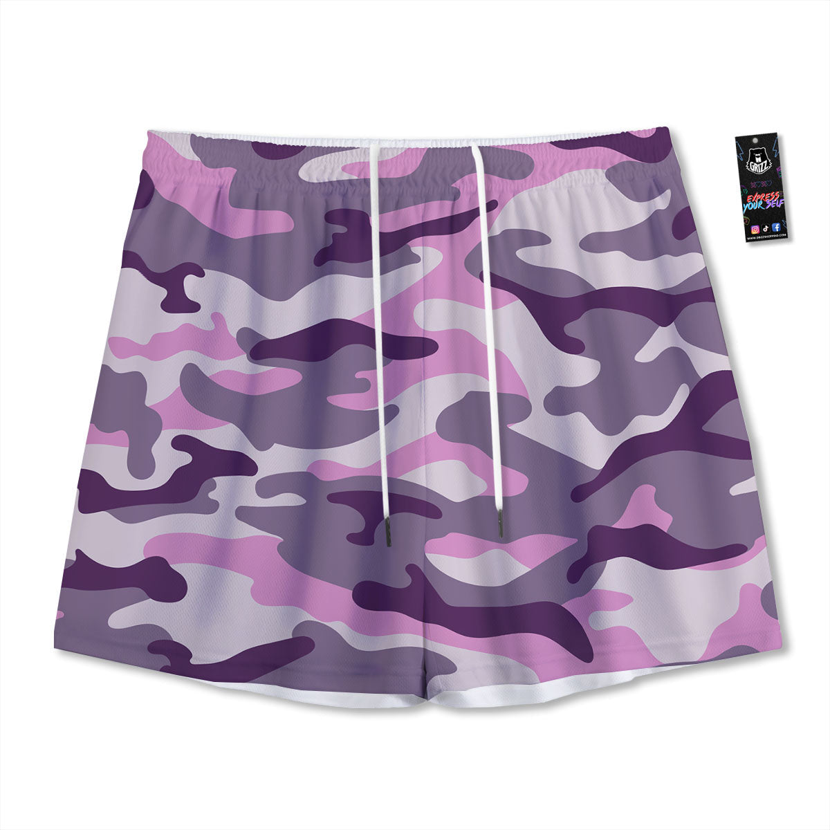 Purple Pink And Grey Camouflage Print Mesh Shorts