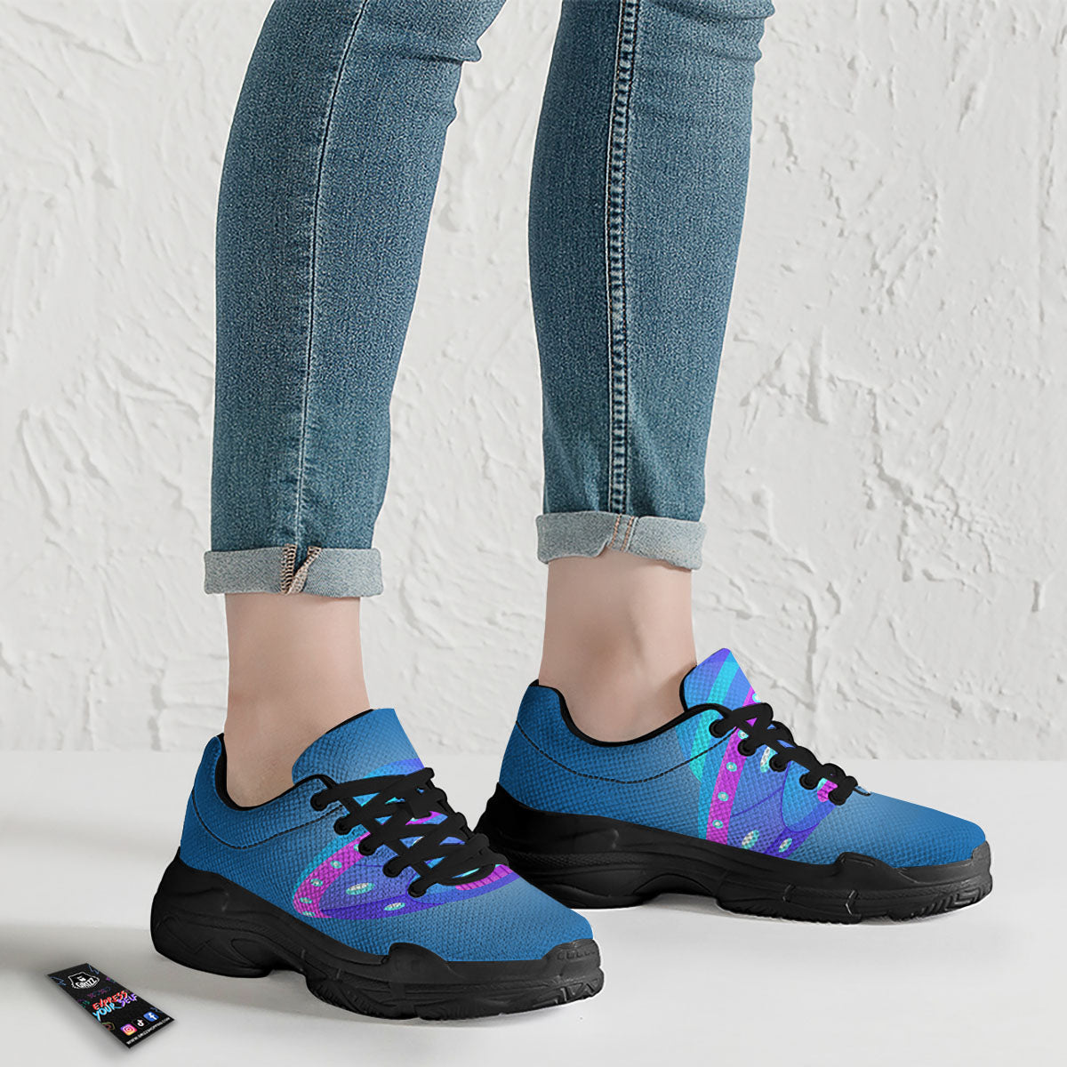 Purple Pink UFO Print Black Chunky Shoes-grizzshop