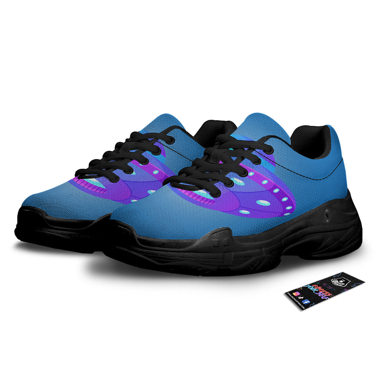 Purple Pink UFO Print Black Chunky Shoes-grizzshop