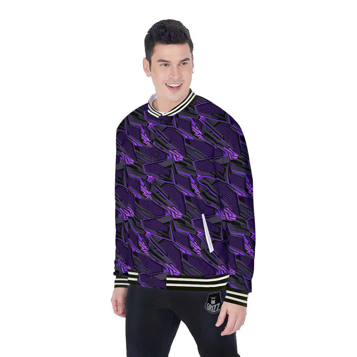 Purple Polygonal Shapes Print Baseball Jacket-grizzshop