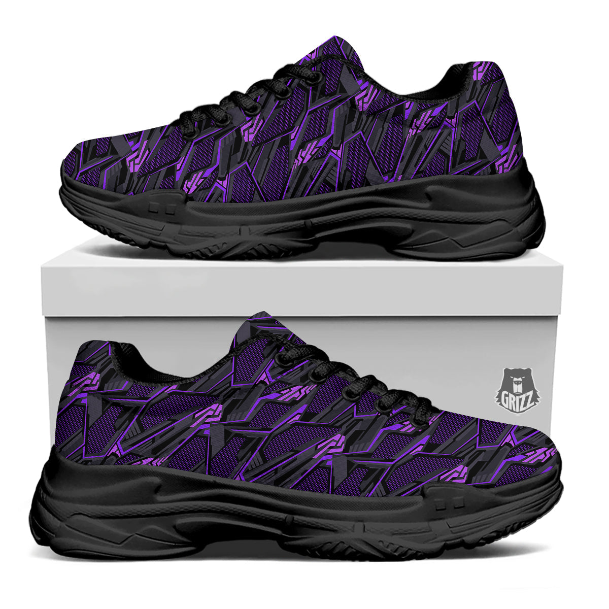 Purple Polygonal Shapes Print Black Chunky Shoes-grizzshop