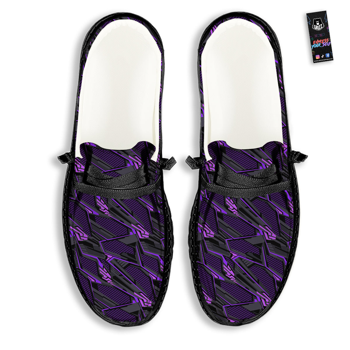 Purple Polygonal Shapes Print Black Loafers-grizzshop