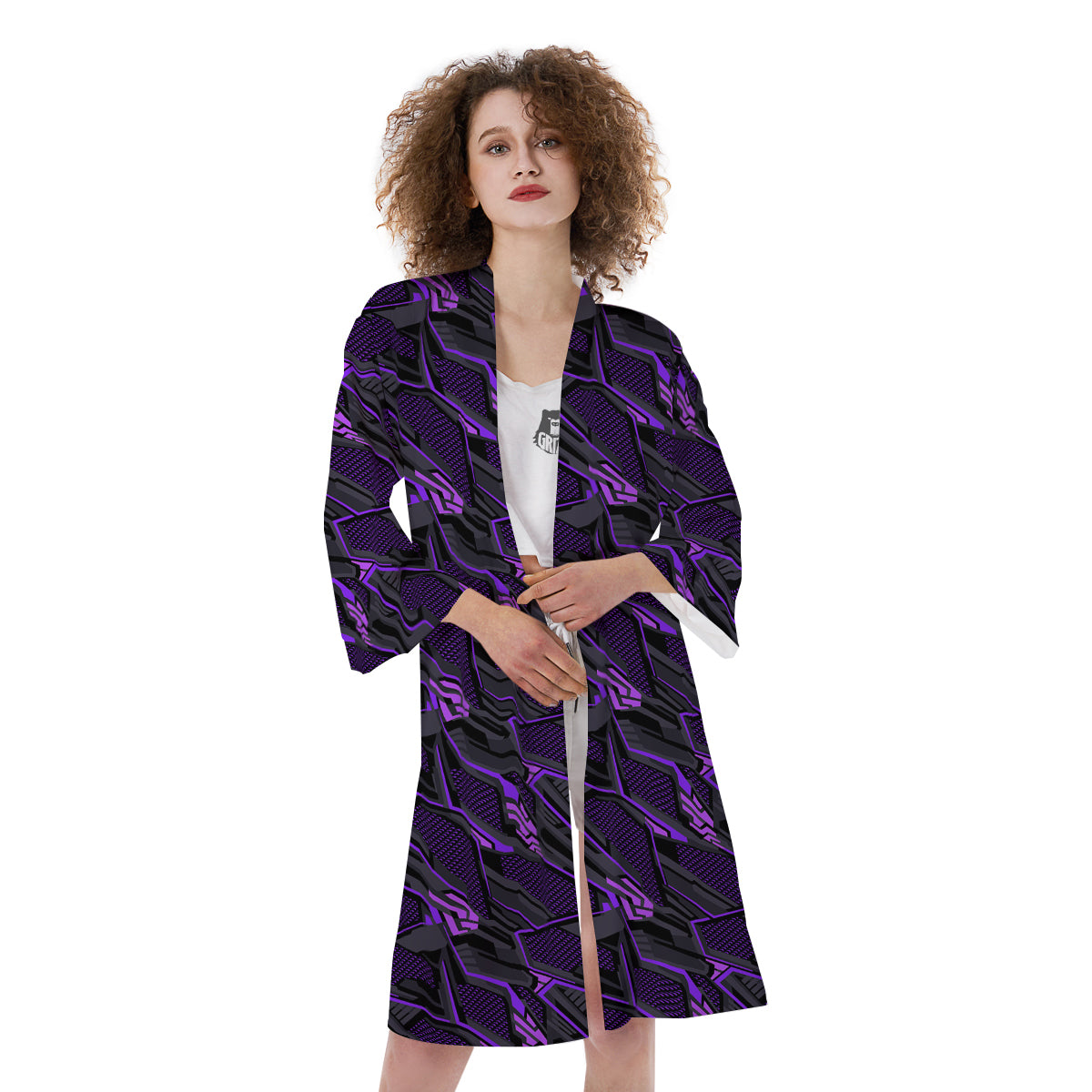 Purple Polygonal Shapes Print Kimono-grizzshop