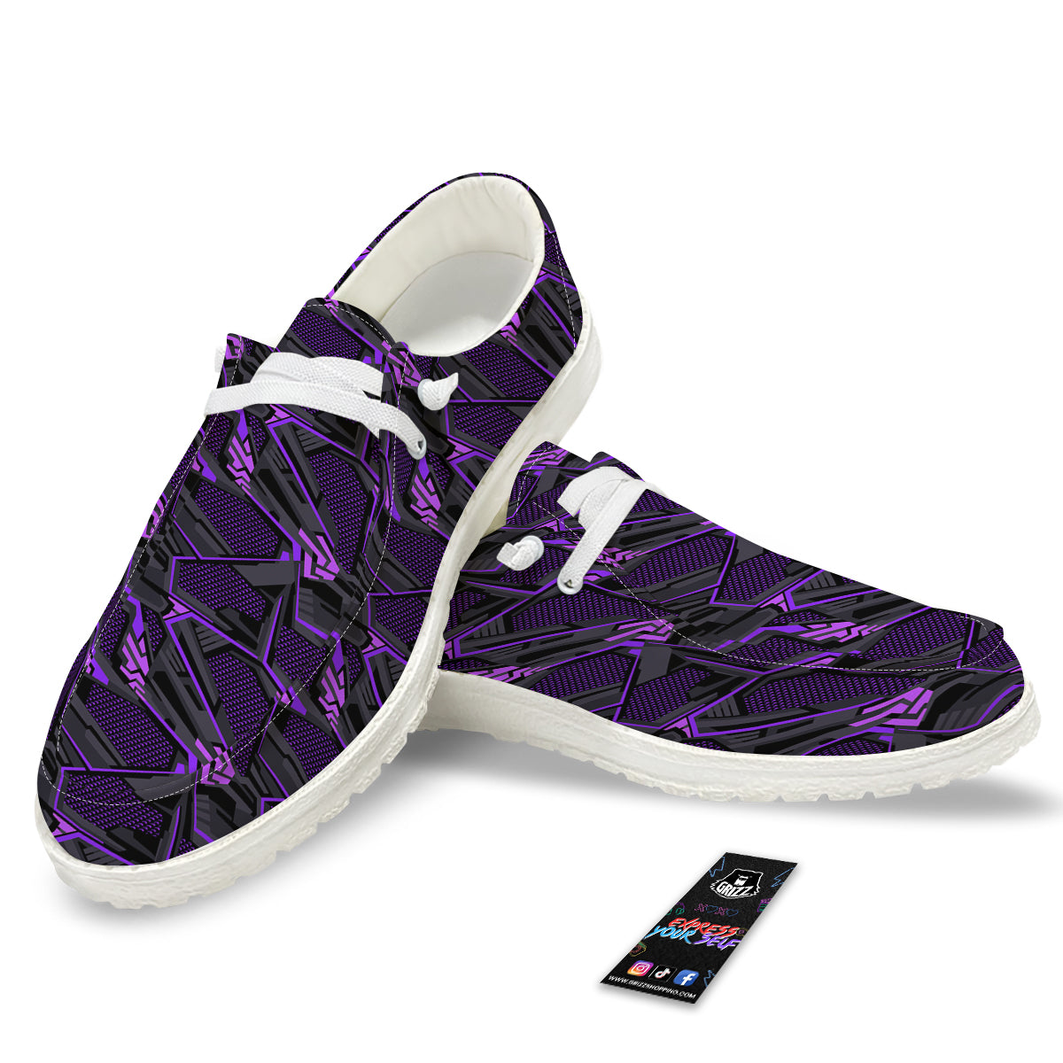 Purple Polygonal Shapes Print White Loafers-grizzshop