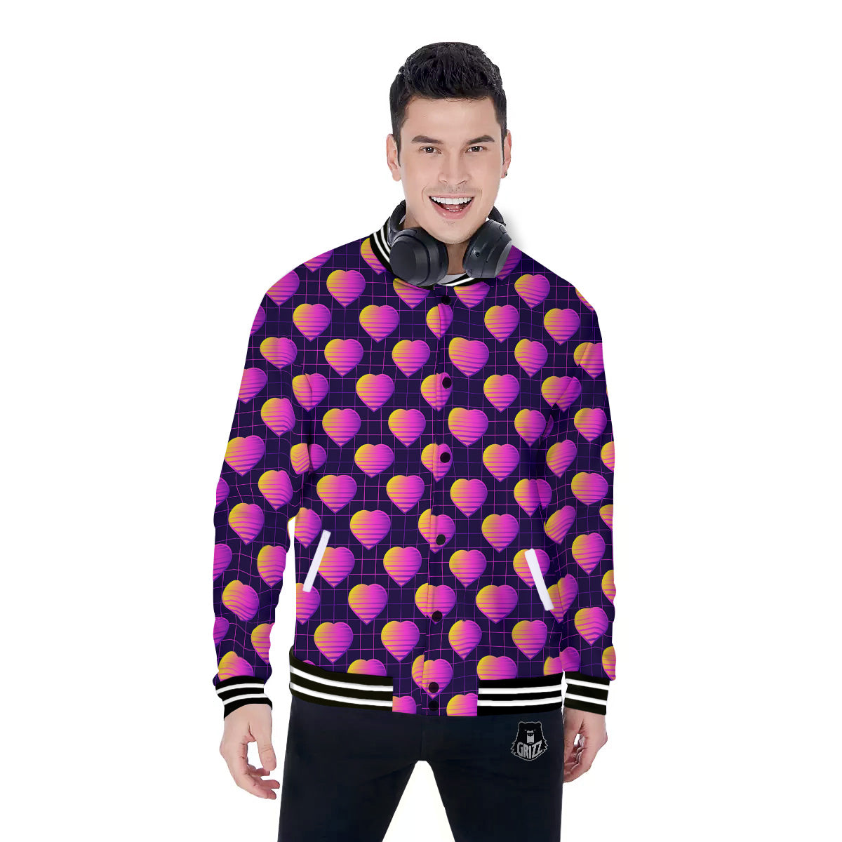 Purple Retro Heart Print Pattern Baseball Jacket-grizzshop