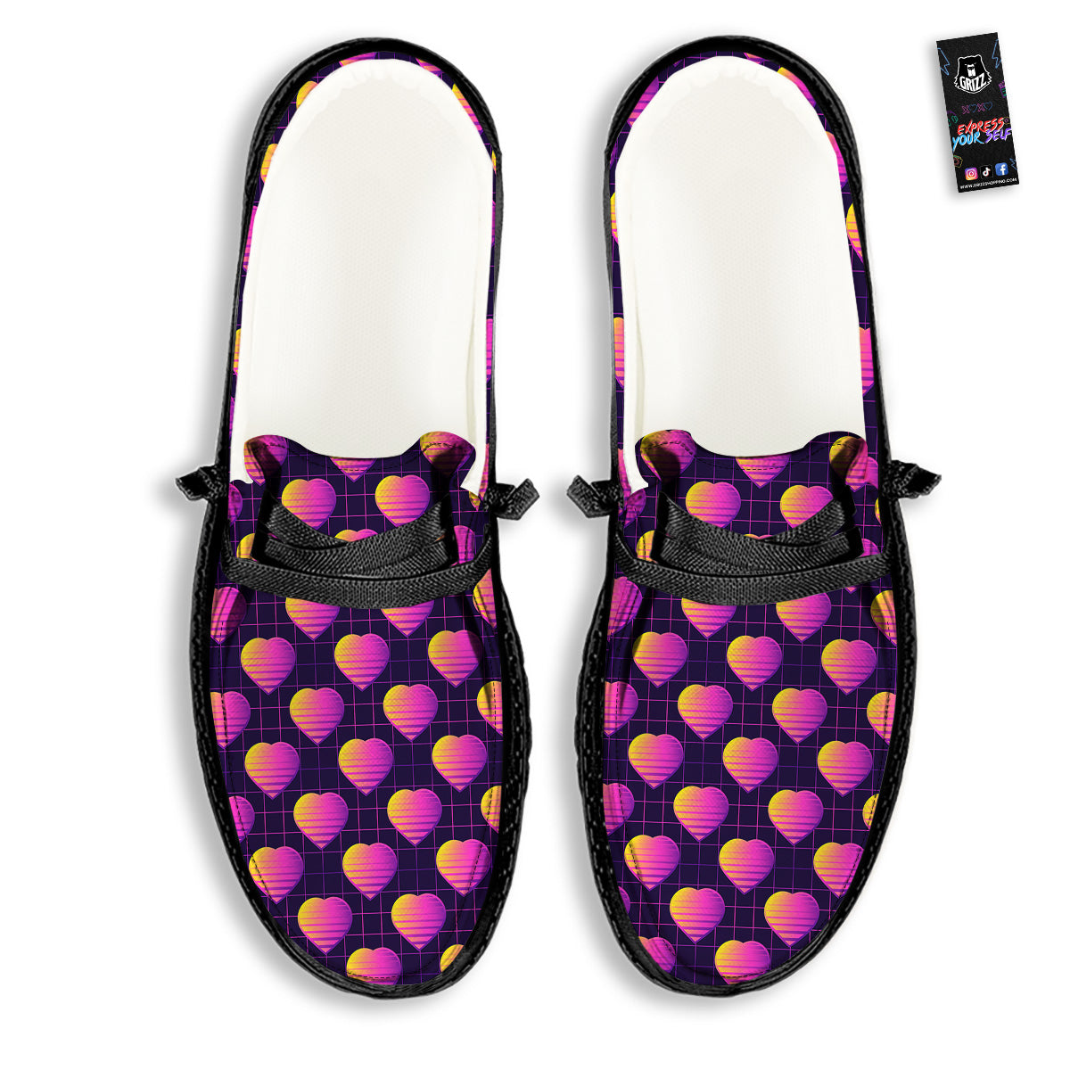 Purple Retro Heart Print Pattern Black Loafers-grizzshop