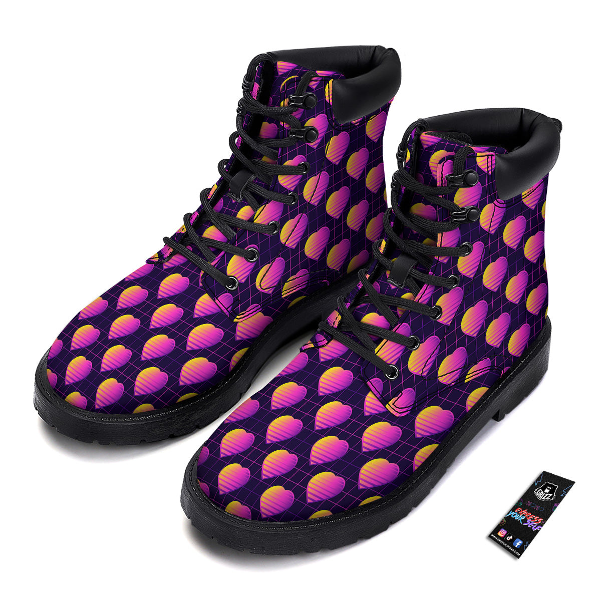 Purple Retro Heart Print Pattern Boots-grizzshop
