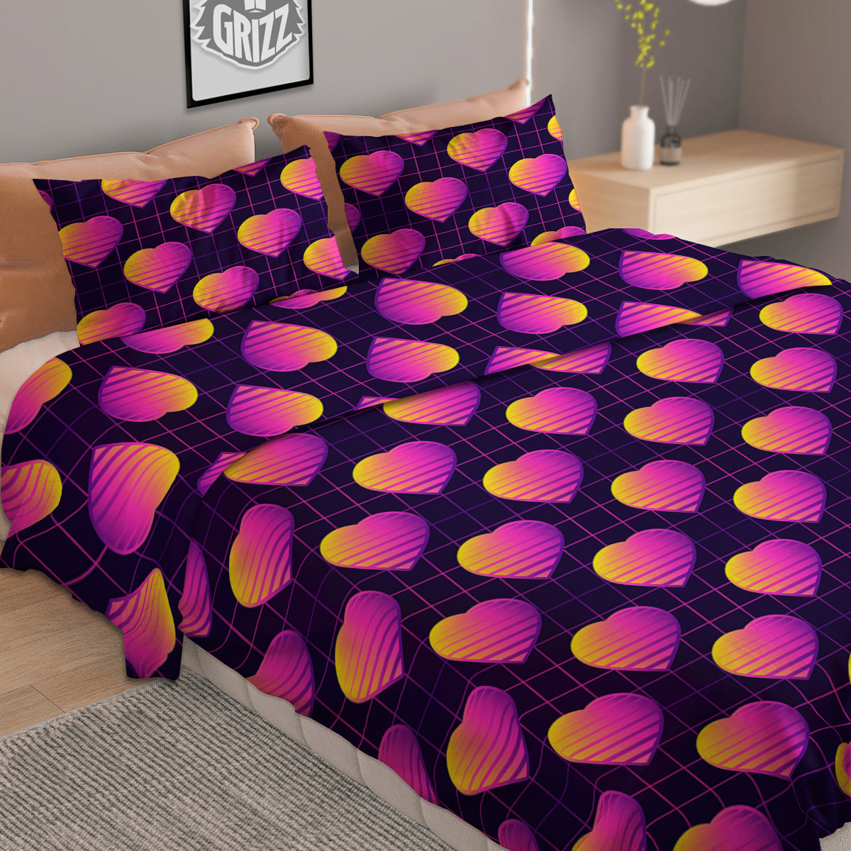 Purple Retro Heart Print Pattern Duvet Cover Bedding Set
