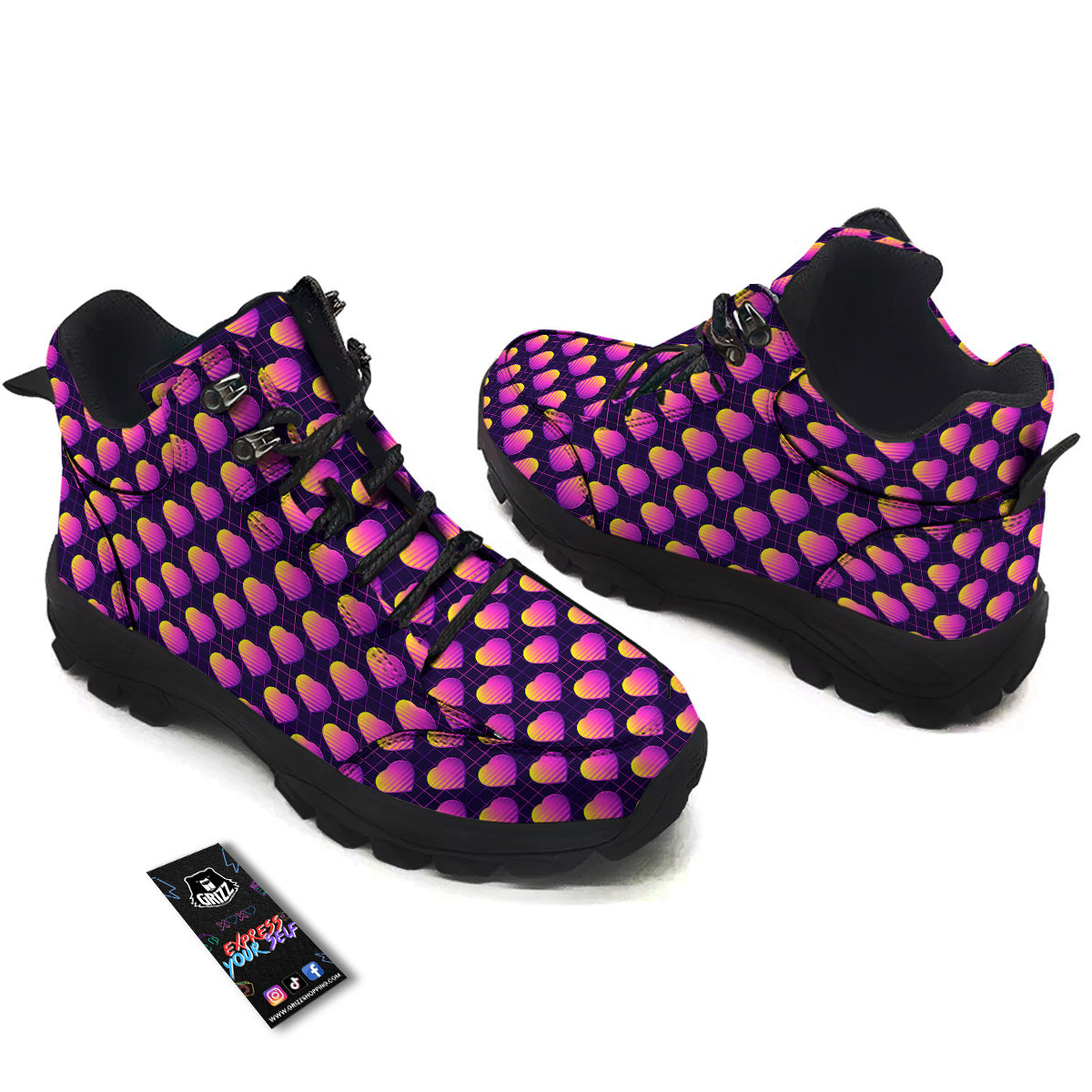 Purple Retro Heart Print Pattern Hiking Shoes-grizzshop