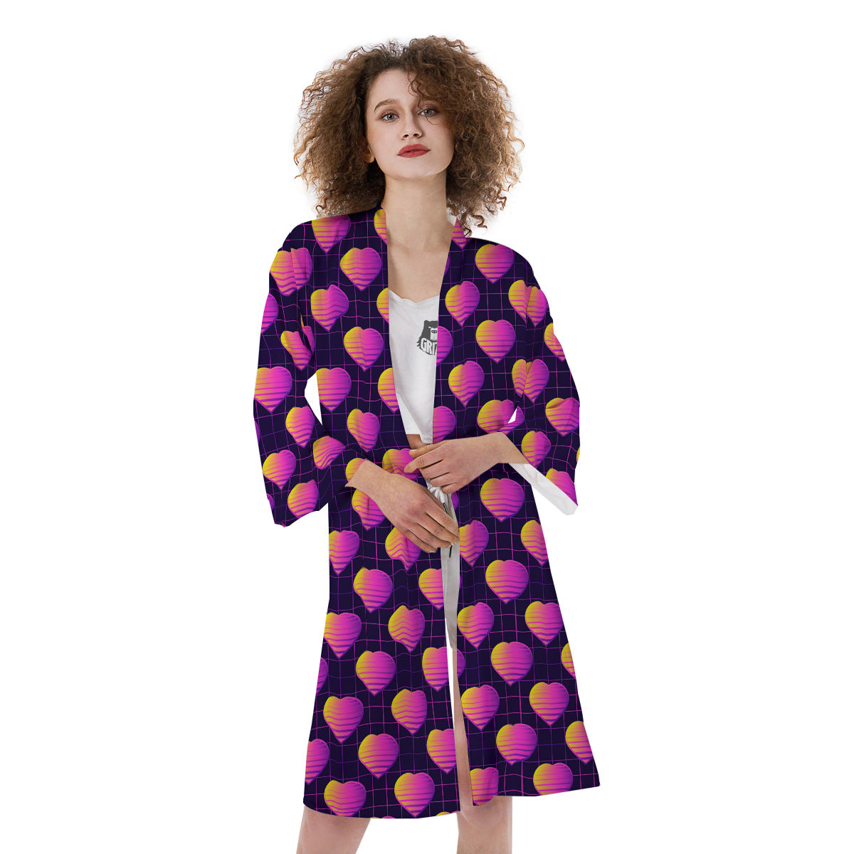 Purple Retro Heart Print Pattern Kimono-grizzshop