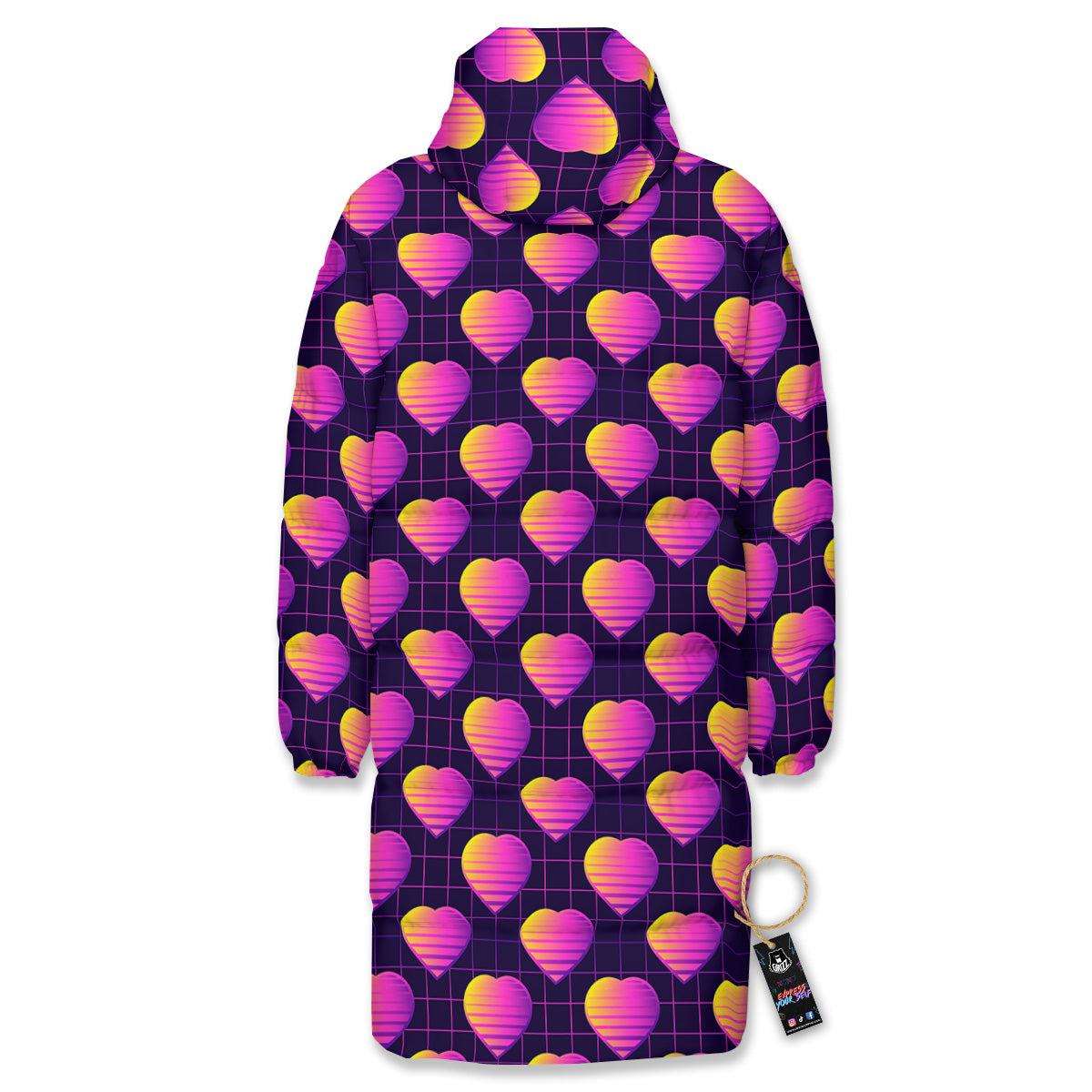 Purple Retro Heart Print Pattern Long Down Jacket-grizzshop