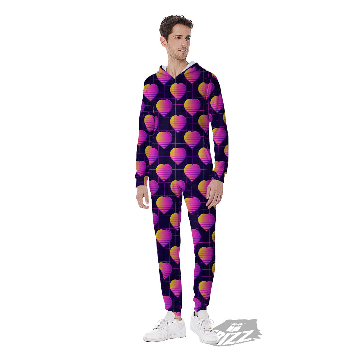 Purple Retro Heart Print Pattern Men's Jumpsuit-grizzshop