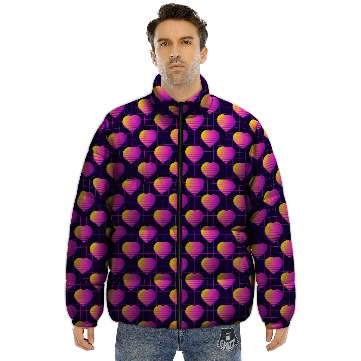 Purple Retro Heart Print Pattern Puffer Jacket-grizzshop
