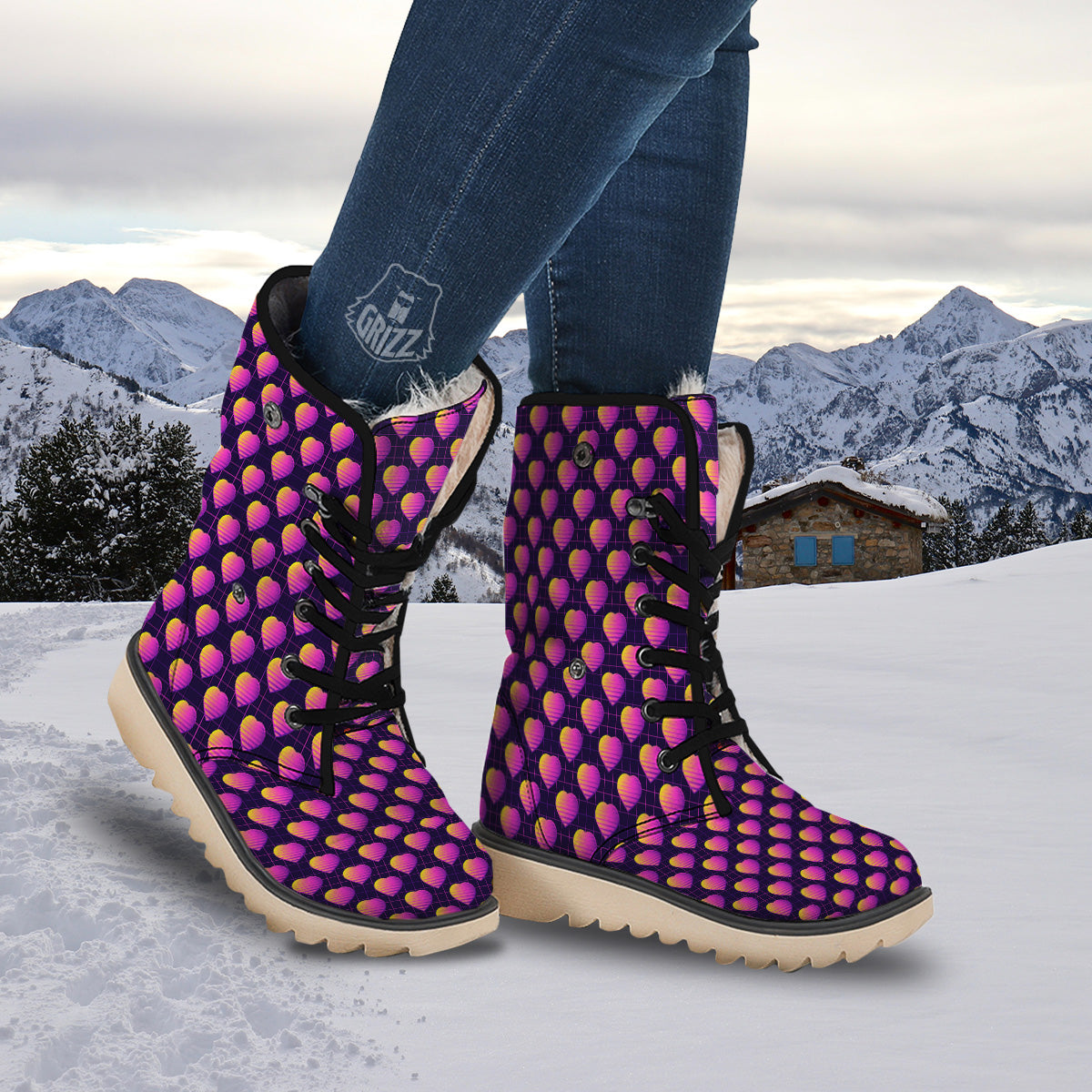 Purple Retro Heart Print Pattern Snow Boots-grizzshop