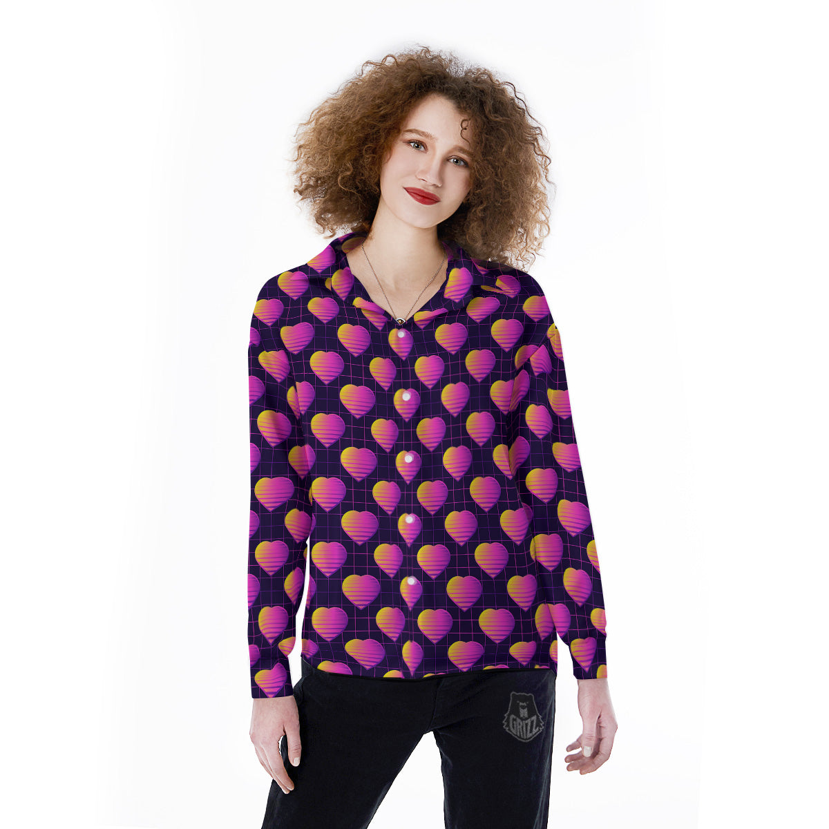 Purple Retro Heart Print Pattern Women's Long Sleeve Shirts-grizzshop
