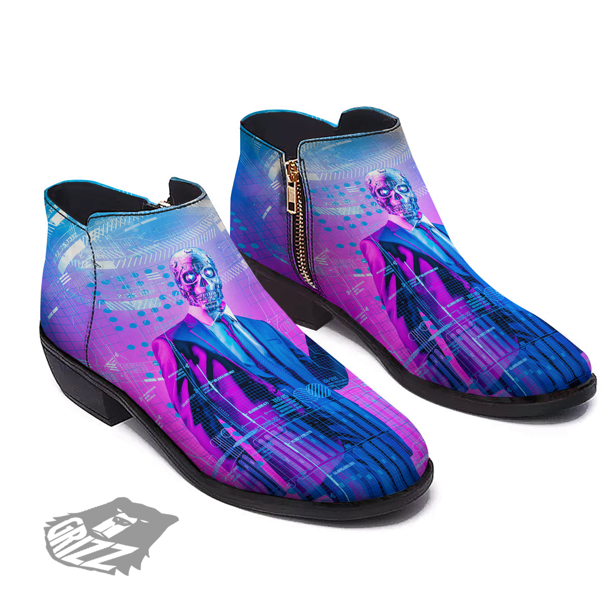 Purple Skeleton Cyber Print Ankle Boots-grizzshop