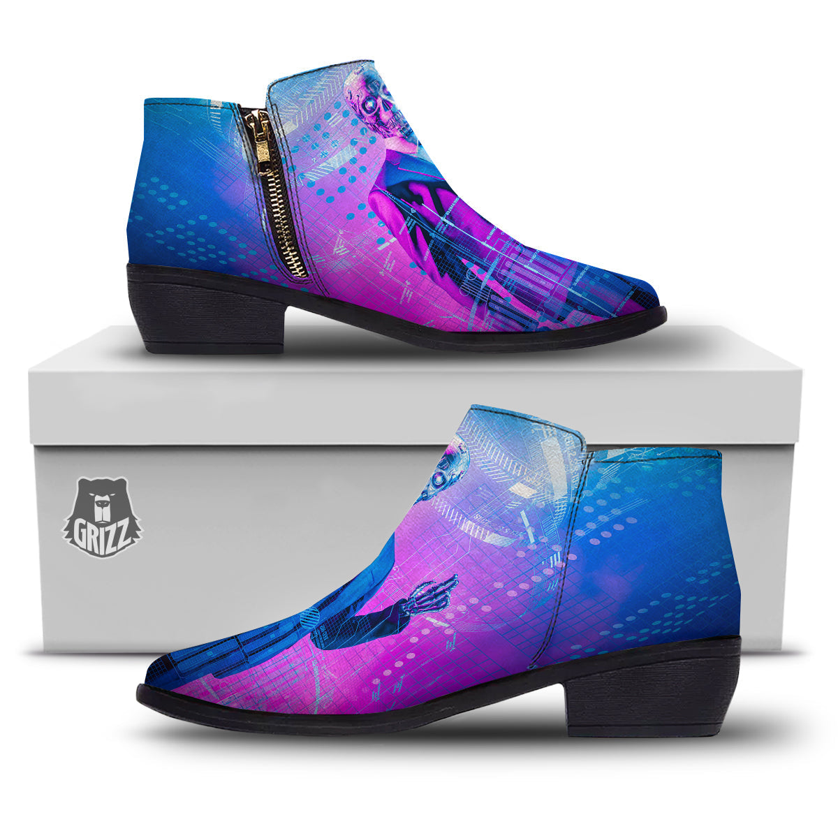 Purple Skeleton Cyber Print Ankle Boots-grizzshop