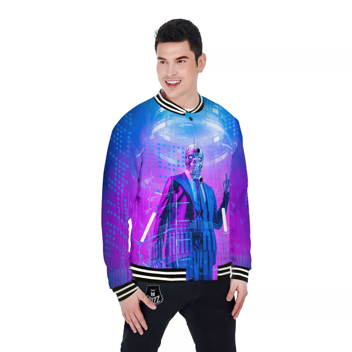 Purple Skeleton Cyber Print Baseball Jacket-grizzshop