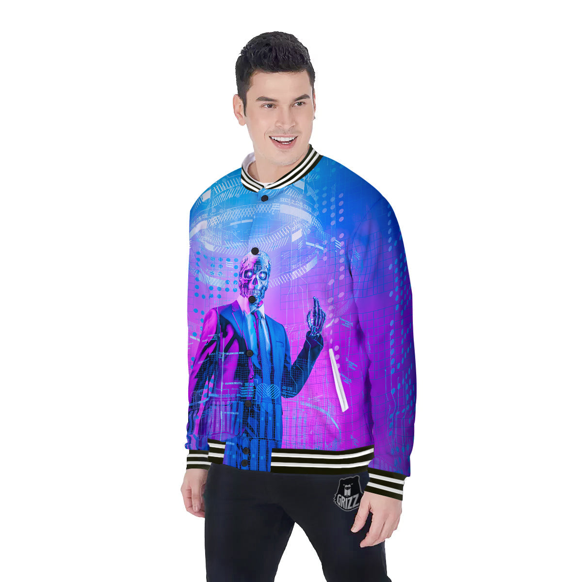 Purple Skeleton Cyber Print Baseball Jacket-grizzshop