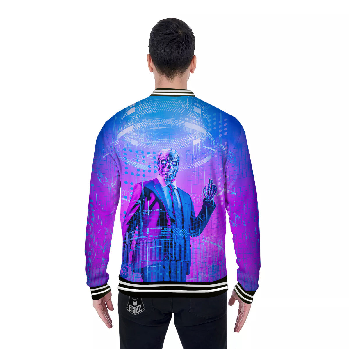 Purple Skeleton Cyber Print Baseball Jacket-grizzshop