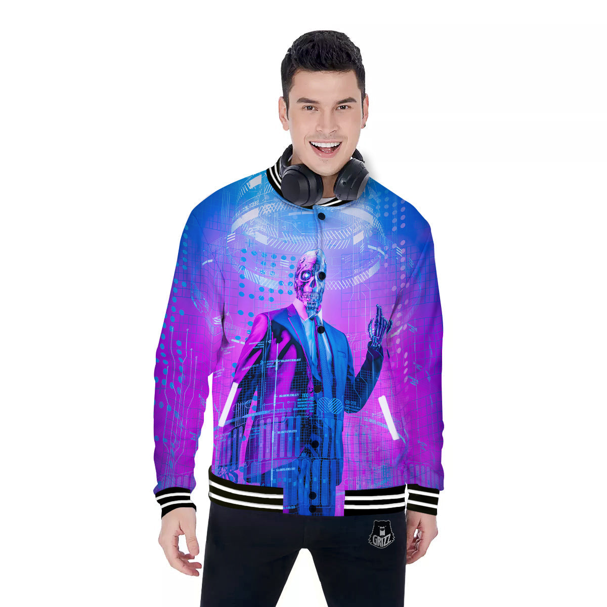 Purple Skeleton Cyber Print Baseball Jacket-grizzshop