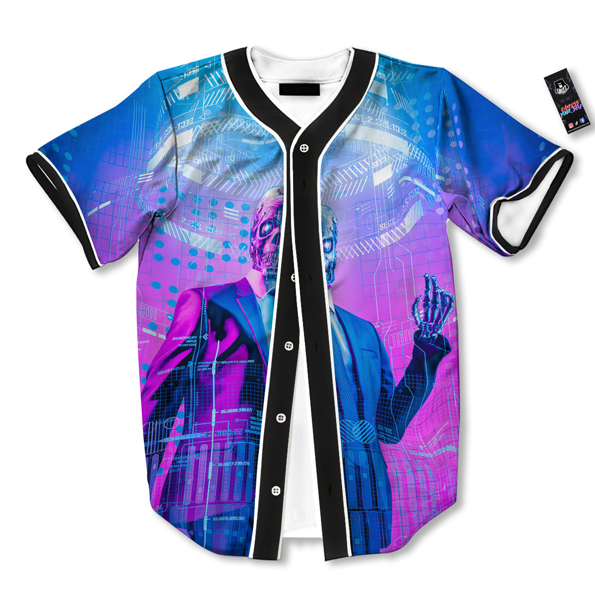 Purple Skeleton Cyber Print Baseball Jersey-grizzshop