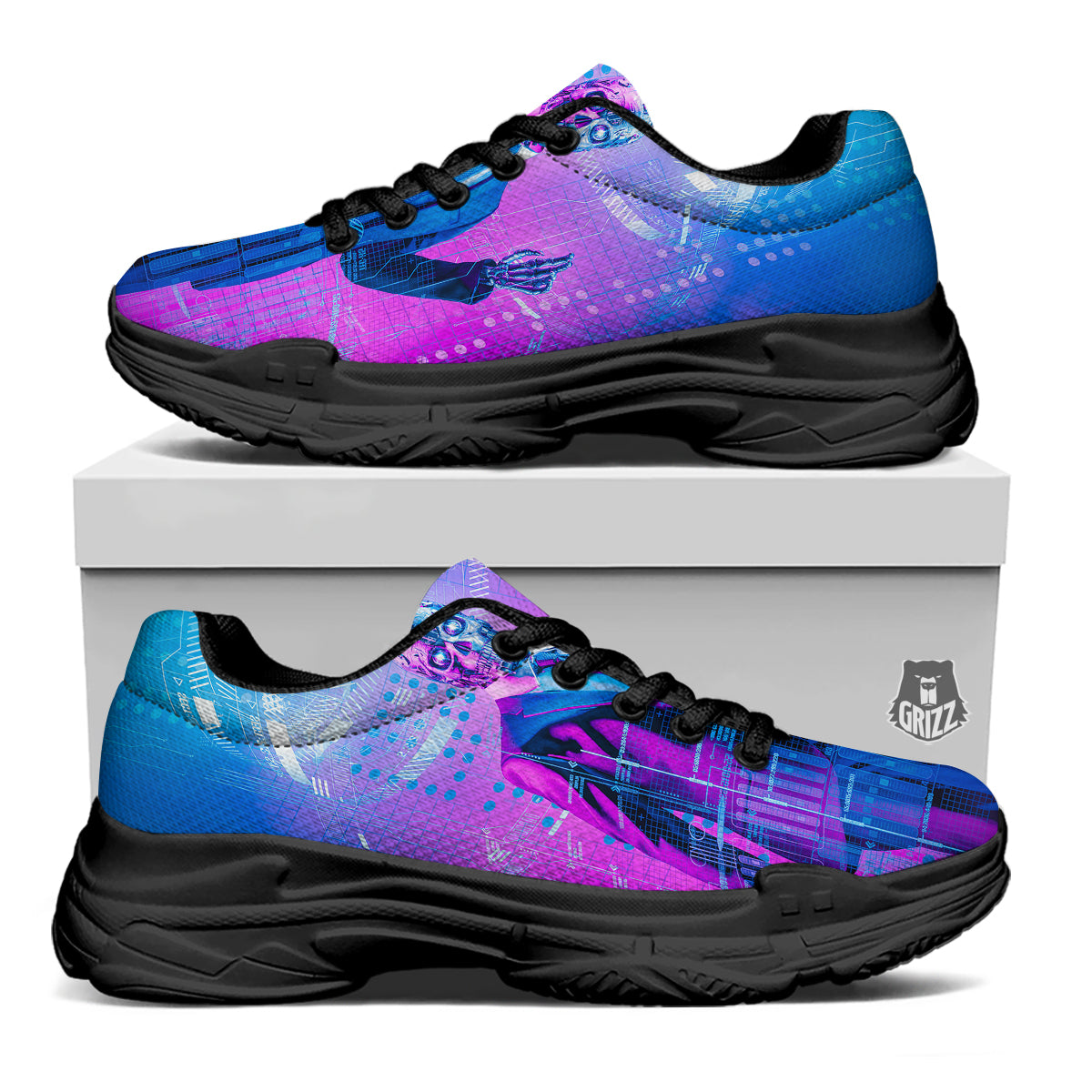 Purple Skeleton Cyber Print Black Chunky Shoes-grizzshop