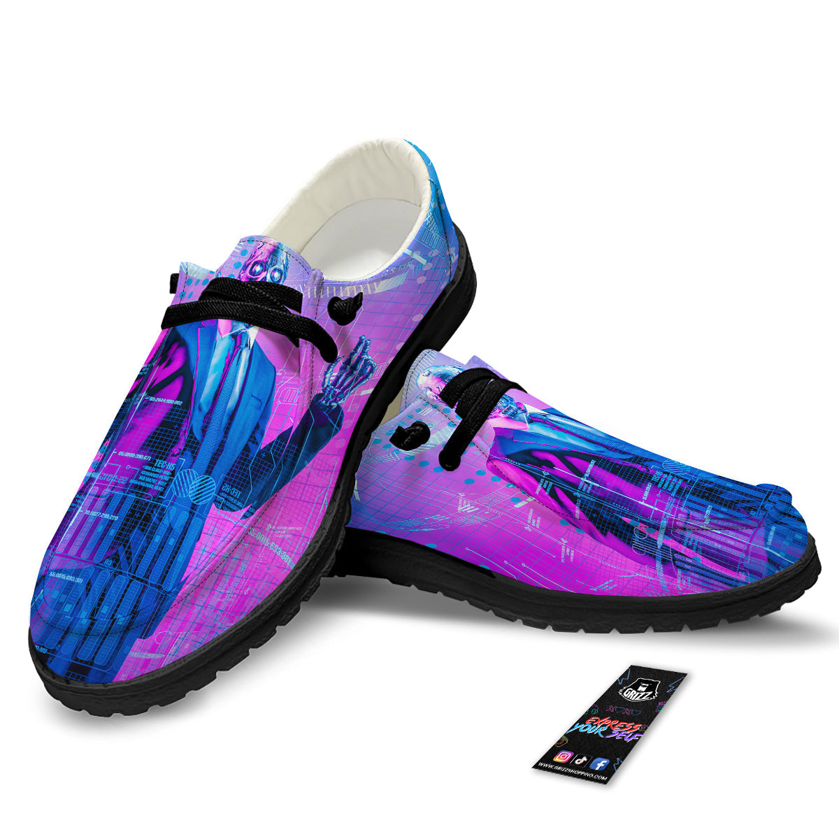 Purple Skeleton Cyber Print Black Loafers-grizzshop
